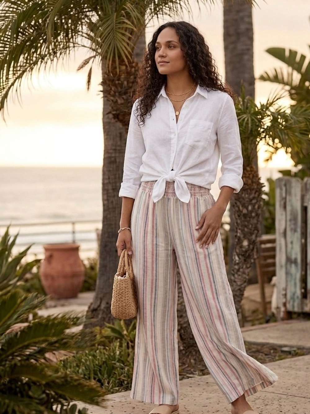 NWT Rewash Linen Blend Coastal Stripe Wide Leg Pants M - Picture 3 of 9
